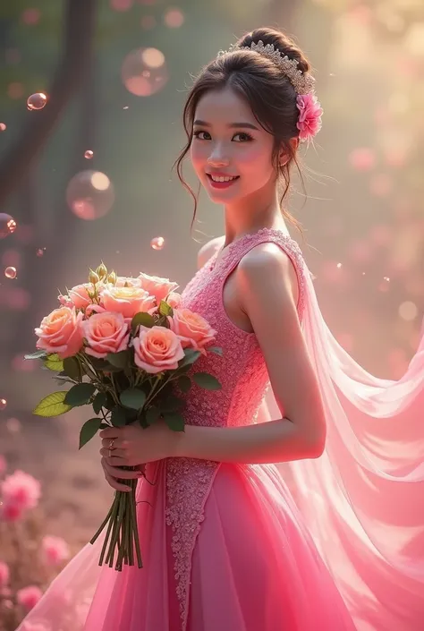 Beautiful Thai woman wearing pink Chakri Thai dress, sharp face, beautiful smile, cute, holding colorful roses, beautiful fantasy art style picture, 32K Magical Holographic Light, masterpiece hyper detail, 64 k, high resolution picture, cinematic light, hd...