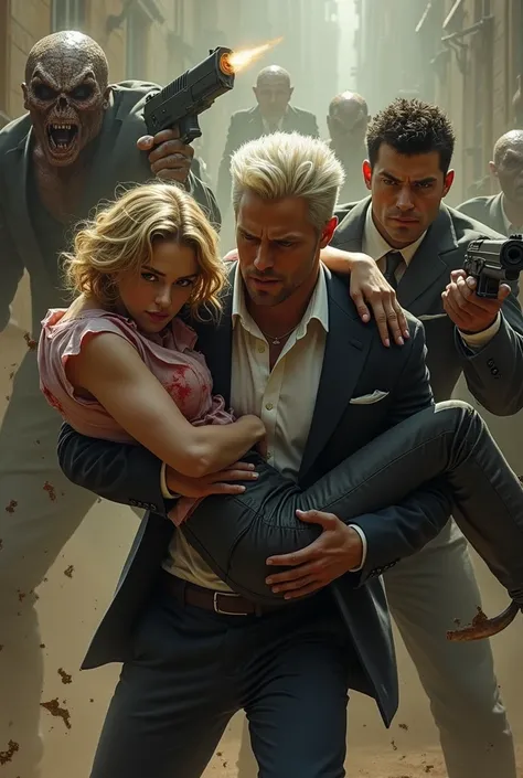 Three secret agents, man with long wavy blond hair dressed in a red-stained white suit, fainted, being carried in the arms of a man with short spiky platinum hair and tanned skin dressed in a black suit, while a man with short, spiky black hair shoots at t...