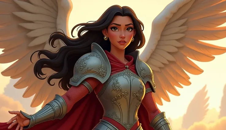 /imagine prompt: Close-up of a character similar to Moana from Disney-- https://disney.fandom.com/wiki/Moana_(character)?file=Profile_-_Moana.png, in Disney cartoon style. She is depicted as an angel with large, elegant wings, wearing detailed 15th-century...