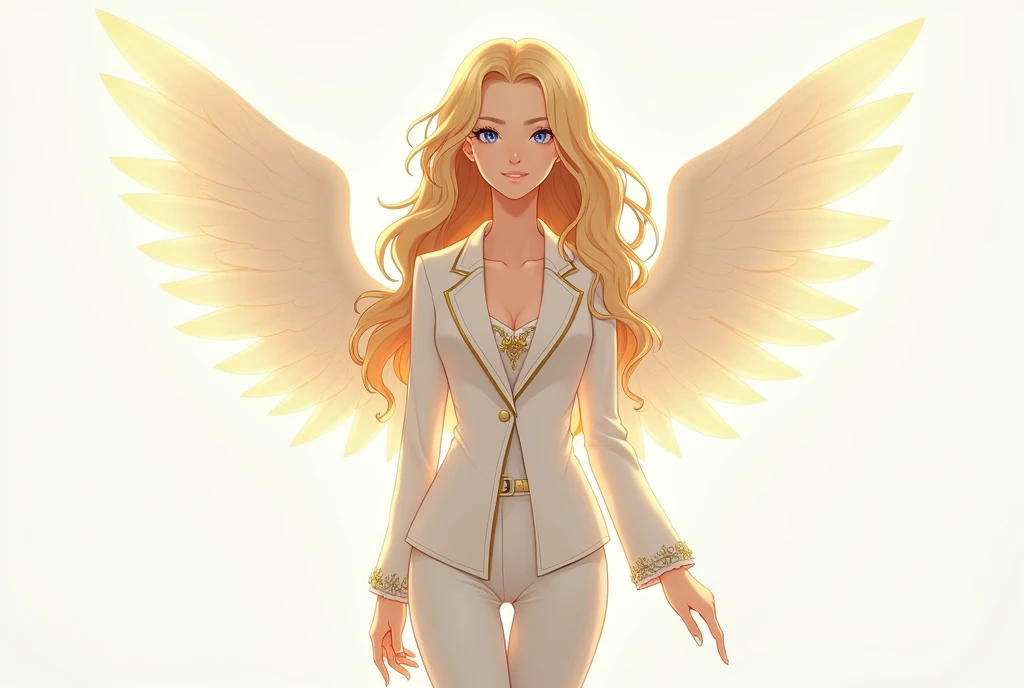 make it in anime style and with a white background, a white woman, with blue eyes, wavy blonde hair, a happy expression on the face, she has angel wings,wearing a white suit with gold trim, with a golden cover