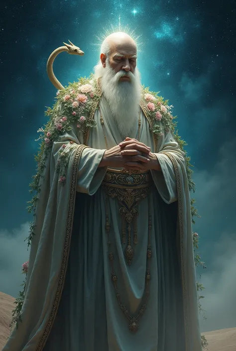 Create a mystical portrait of a 2, 180-pound, bald wizard, drawing inspiration from ancient Egyptian mythology. Depict him as the grand master of the cosmos, exuding an aura of love and creation. He should be depicted surrounded by cosmic elements—roots, s...