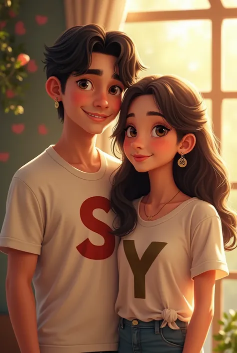 Create couple cute photo boy named (shahrukh) and girl names (yusra) mention S letter on boy shirt and Y letter on girl 
Agr of them are in teen age

