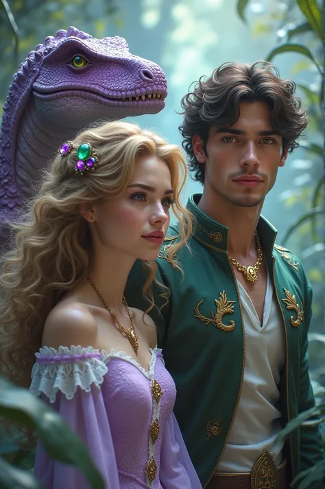 Beautiful curly hair princess with cute lilac indominus rex dinosaur with purple stones on its body that glows  and handsome prince with emerald green indominus rex dinosaur with emerald stones on its body that glows 