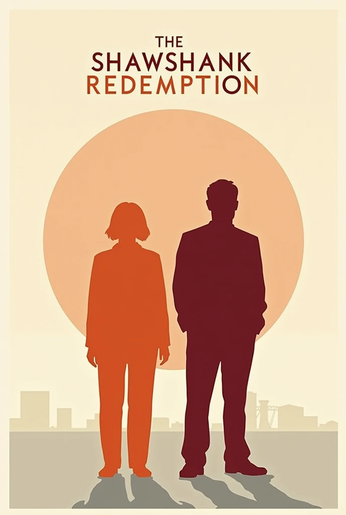 The Shawshank Redemption movie poster in a minimalist style, visually striking, only 2 bold colours used negative space, visual ingenuity, clear readable text, simple, cartoony style with only silluetes, THE SHAWNSHANK REDEMPTION text