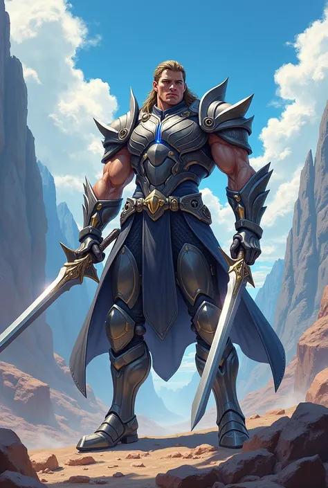 Hero, male, wearing armor, anime style, with weapons, two swords.