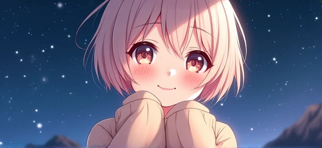 Soft anime drawing Cute Pink beige hair Very short hair,Starry Sky,Face close-up,smile,Moe Sleeve Cardigan