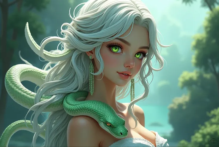 Medusa, queen of snakes, with white snake hair, green snake eyes, delightful, sexy snake woman, anime style, fantasy style