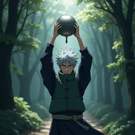 anime style, Hatake Kakashi from Naruto, Raise a silver Spherical bell, forest.
﻿
Beautiful cinematic lighting, surreal, color graded, dynamic movement, captivating chiaroscuro, full body, award-winning, cinematic still, emotional, vignette, dynamic, vivid...