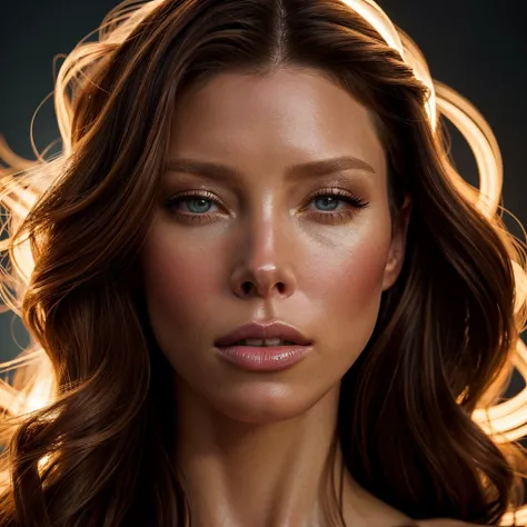 jessica biel, exquisite detailed facial features, high cheekbones, full lips, long lashes, glamorous hairstyle, flawless skin, elegant pose, dramatic lighting, cinematic camera angle, high fashion editorial, editorial style, vibrant colors, glossy, masterp...