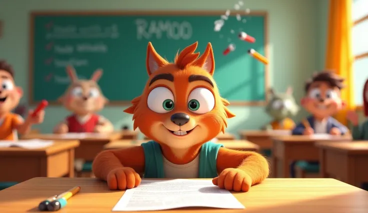 In 3rd cartoon animation style "Exam Day
Ramoo sitting for an exam, focused and confident."