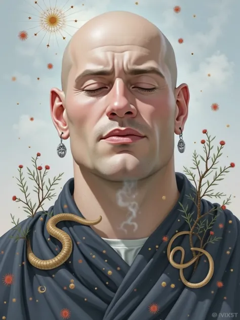 Create a mystical portrait of a 2, 180-pound, bald wizard, drawing inspiration from ancient Egyptian mythology. Depict him as the grand master of the cosmos, exuding an aura of love and creation. He should be depicted surrounded by cosmic elements—roots, s...