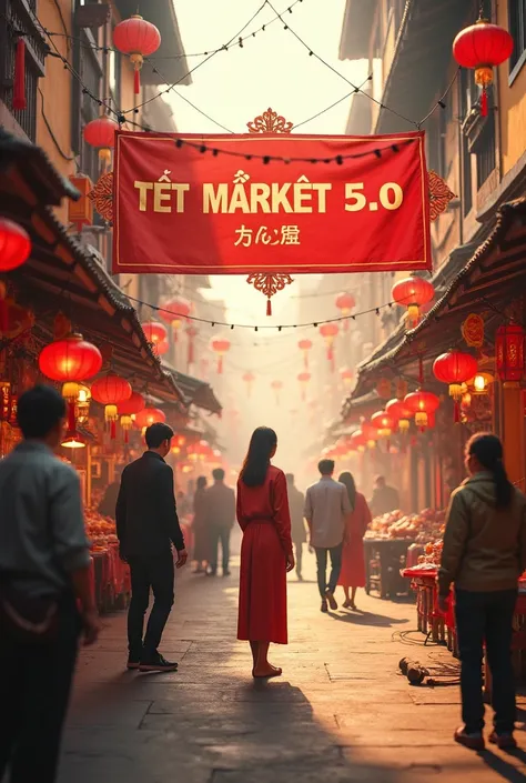 Create a photo, Surrounded by a Tet market with a banner in the middle that reads in Vietnamese &#39;Tet Market 5&#39;.0&#39; 3000×3000 square photo