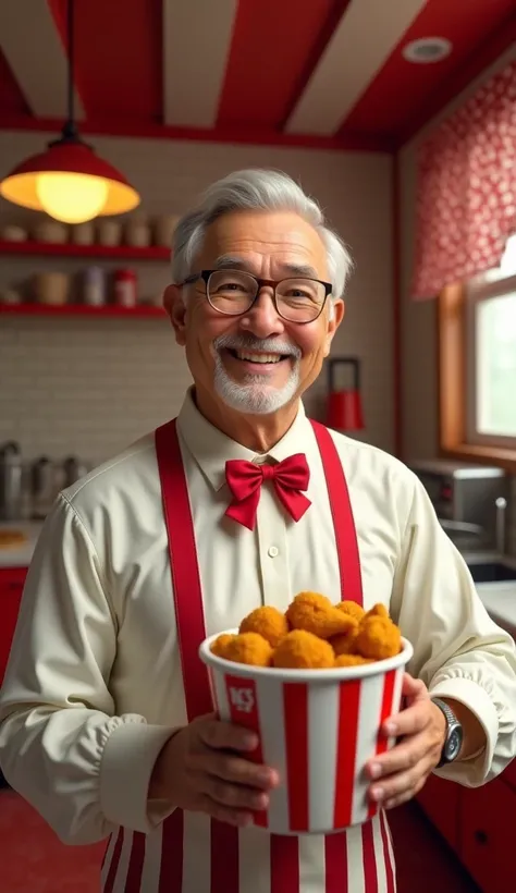 A friendly middle-aged man with a clean-cut hairstyle, wearing a white shirt with red stripes, reminiscent of the KFC logo. He has a relaxed smile and is holding a bucket of fried chicken in one hand. His outfit also includes a red bowtie, hinting at Colon...