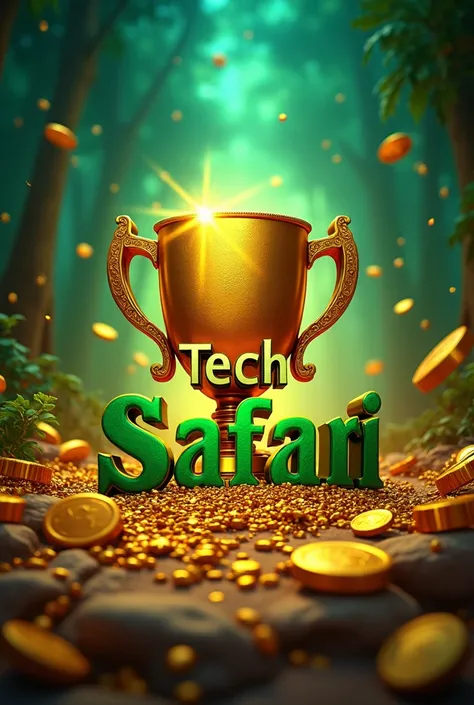 Poster making the name of TECH SAFARI morden and very very stylis front 
in bright colour in use of green and yellow tresure hunt beground with big trofy 