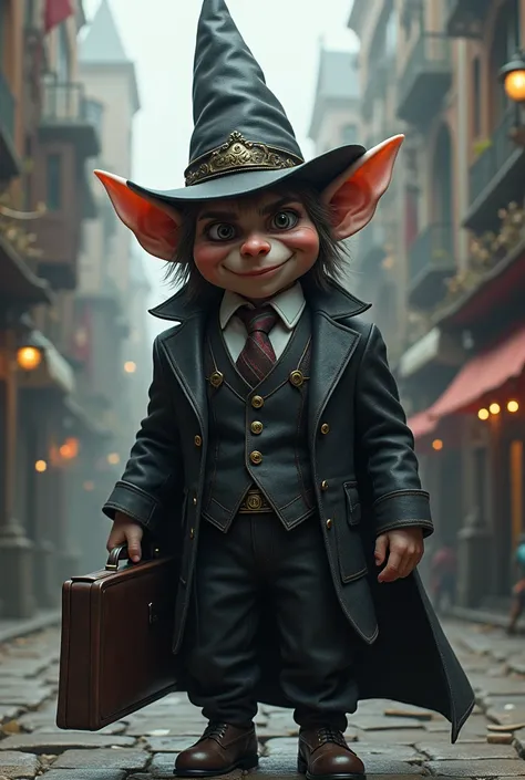 A well dressed and young gnome. He is wearing francy suit with rich details and carrying a briefcase. 
He is wearing a short hat covering his eyes, but showinh a sinister smile.
He os clearly an evil gnome. 
On the background a fantasy metropole, with buil...