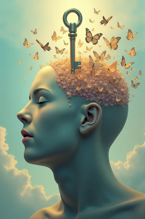 POSTER: A head with a key unlocking it, and butterflies flying out, representing liberated thoughts and ideas.