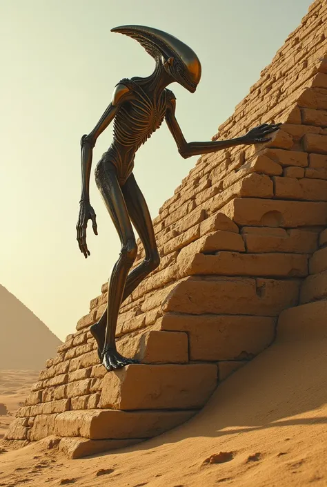 alien climbing the pyramid of egypt