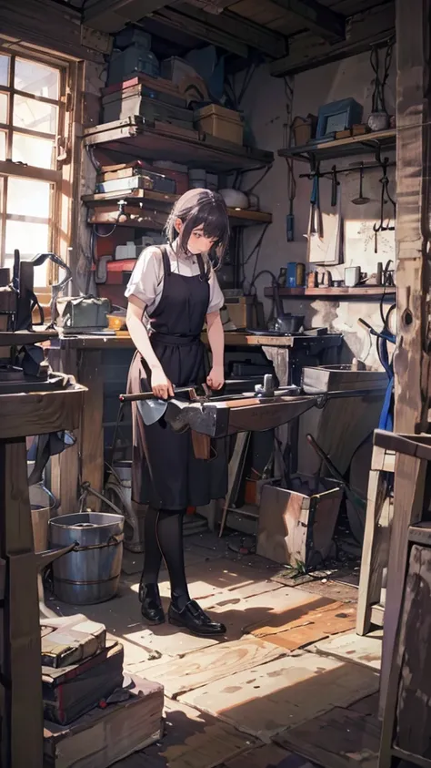 A female swordsmith holding a long-handled hammer:1.25,(8k, Best Quality, masterpiece: 1.2, masterpiece, Attention to detail,Very detailed), Light color,Line art