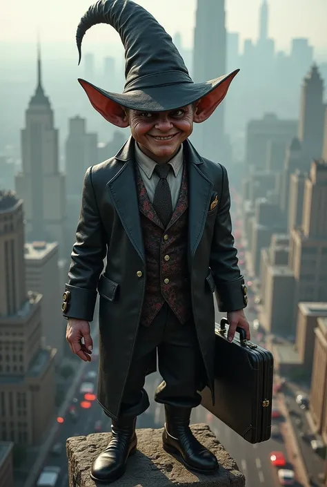 A well dressed and young gnome. He is wearing francy suit with rich details and carrying a briefcase. 
He is wearing a short hat covering his eyes, but showinh a sinister smile.
He os clearly an evil gnome. 
He is looking at a city from a tal point