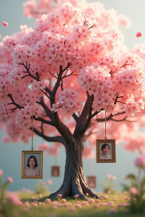 a very detailed sakura blossom tree in 3D with several frames on it, representing the family tree