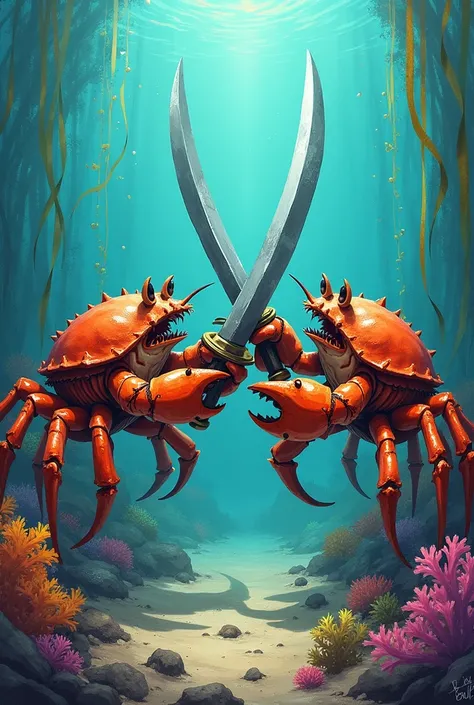 Drawing of two crabs foghting woth a sword
