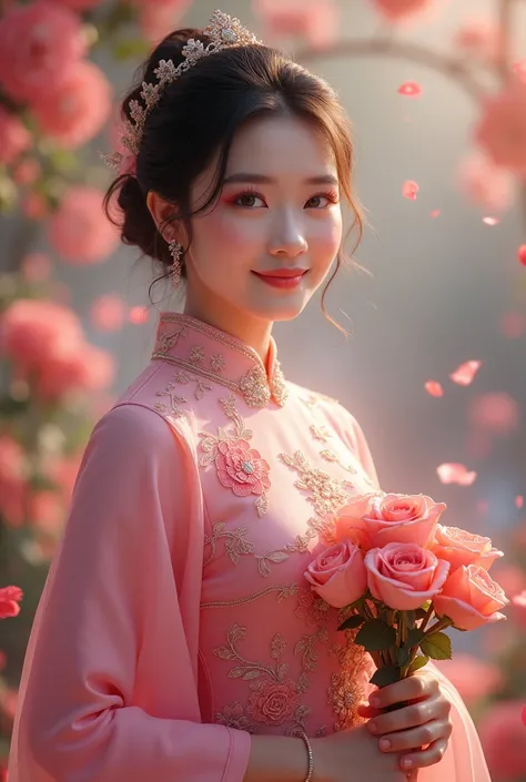 Beautiful Thai woman wearing pink Chakri Thai dress, sharp face, beautiful smile, cute, holding colorful roses, beautiful fantasy art style picture, 32K Magical Holographic Light, masterpiece hyper detail, 64 k, high resolution picture, cinematic light, hd...