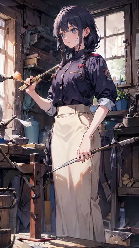 ((A female swordsmith holding a long-handled hammer:1.25,Wearing a uniform,Teenage Girls,Muscular girl,Soft looking lips,Glossy skin,Hair is braided,Soft-looking skin:1.25,Hair Ribbon,Hair is braided)),(8k, Best Quality, masterpiece: 1.2, masterpiece, Atte...