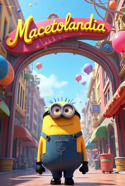 Create a happy city with lots of happiness with a written sign,  "macetolandia". Underneath the sign is the Despicable Me Gru 