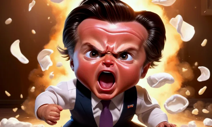 (parody, meme) a little animated baby (cartoonish, big stinky diaper, realistic face of Gavin Newsom, gushing tears), baby has a poopy diaper and is having a screaming fit flailing his little arms and crying for attention
