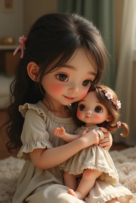 a girl holding her doll