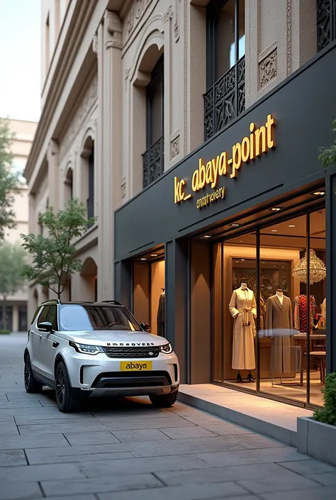 create a 3D image of an Islamic dress sales office in front of which the name should be "KC_ABAYA_POINT 
0765165367/0718130611" then there should be a land rover discovery with a yellow number plate on the front and the name should be "ABAYA"