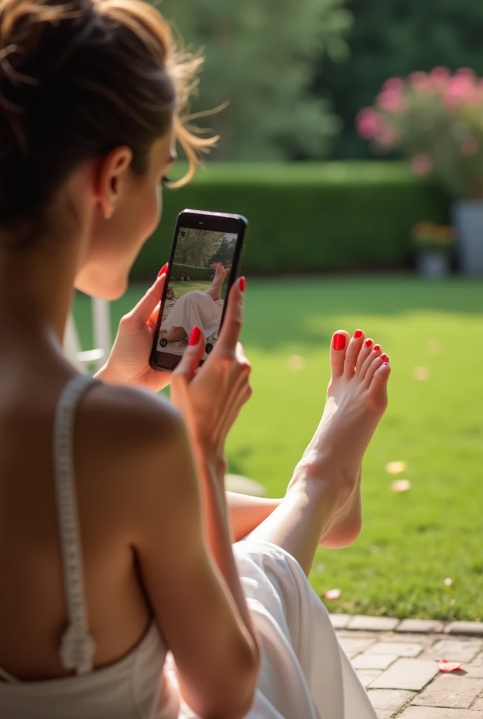 Femme réel qui prends en photos ses pieds avec une manucure rouge 