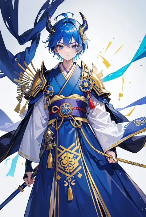 Standing portrait, Central Focus, Centered, Fully in-frame, Solo, Standing still, zoomed out

Gender: boy

Appearance: blue hair, he wears a deep blue and gold samurai armor and regal kimono and hakama and has gold bull horns and a mask