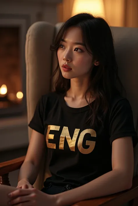 Slanted beautiful sexy girl sitting on a rocking chair wearing a short sleeve black shirt with gold color &quot;eng&quot; written on it while watching TV 