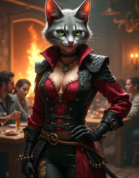 A Tabaxi female rogue clothed in the garment of a pirate or swashbuckler. Her feline features are apparent with spots of darker colors dotting her grey fur. Her green eyes gleam with a cunning light as she clutches a rapier gently in one hand, with her oth...