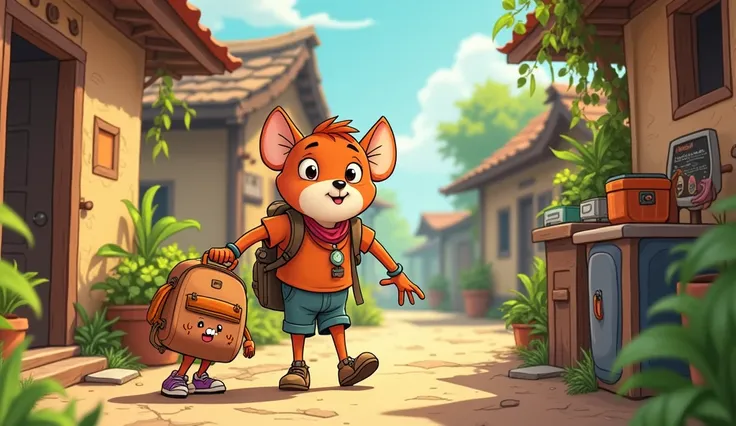 In 3rd cartoon animation style "City Bound
Ramoo packing a small bag, ready to leave for the city."