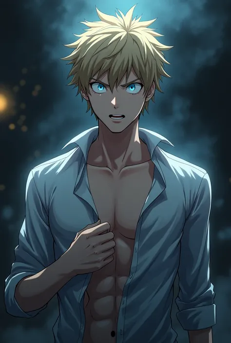 A handsome mature schoolboy with blond short well-styled hair and blue eyes unbuttons his shirt revealing toned body and is horrified to discover that he has begun to turn into a lmonster. All this is happening on the dark background. Anime. 