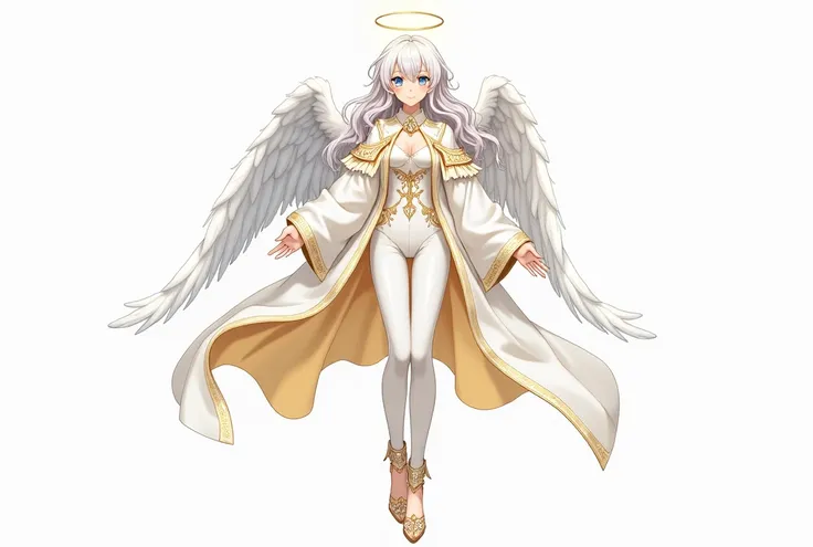 do it in anime style e com o fundo branco, a white woman, with blue eyes, wavy white hair, a happy expression on the face, she has angel wings,wearing a white suit with gold trim, with a golden cover on top, wearing fancy shoes, do it in anime style