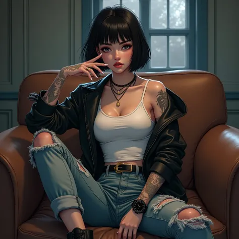 Manhwa ai art,1girl, bob hair, tatto on arms, piercing, tomboy aura, strong and cool, natural make up, cool stare, white tank top, black laether jacket, denim ripped jeans, boots doctor marteen, black watch, medium breasts, sit on sofa, smoking 