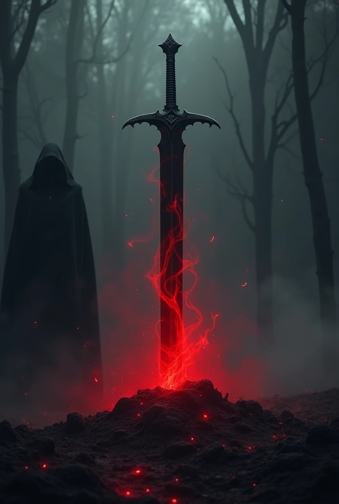 Darkness, shadow, red light, sword stuck in the ground, black and red vapor, devil vapor, power from the sword.