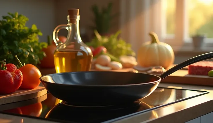 Close-up of a modern kitchen, warm lighting illuminating the countertop. A clean skillet sits on the stove, and a bottle of olive oil rests nearby. In the background, fresh ingredients like ground beef, spices, and vegetables are neatly arranged.