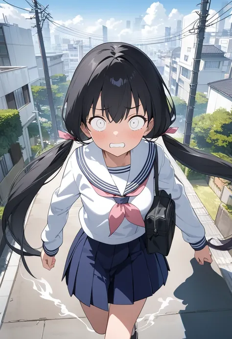 High resolution, 8k, best quality, masterpiece, ultra detailed, anatomically correct, anime, gag anime style,
1girl, (running very fast:1.2), (white smoke trail:1.5),
very long low twintails with red ribbon, very long low pigtails, black hair, [dark brown ...