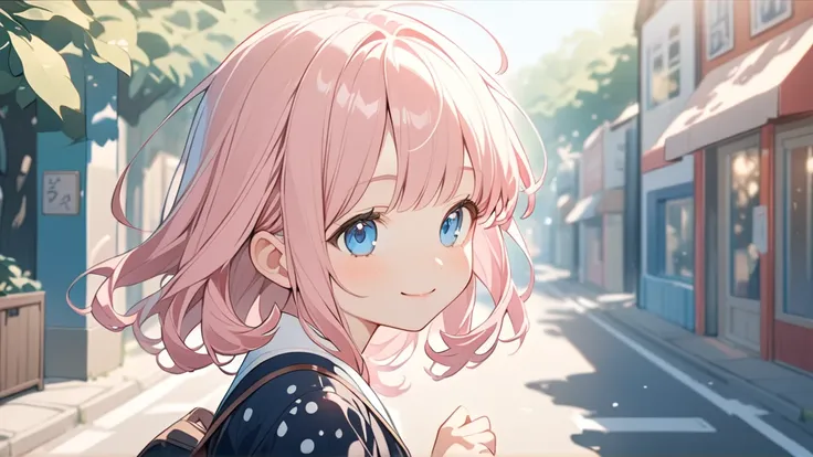 Anime Style, Very detailedなイラスト, Very detailed, beautiful, 8k, ( Alone), Cute baby face, Very cute, smile,｛uniform, Plain,Plain cardigan｝, (Outdoor, Town Street) ,Pink Hair,Short, straight bangs, smile,blue eyes, , Please raise your hand, From the side ,(S...