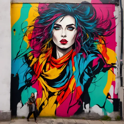 A bold street art portrait of a woman wearing large