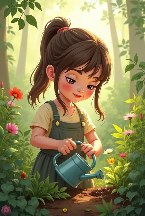 an illustration of a girl taking care of nature  as a steward of gods creation watering plants
