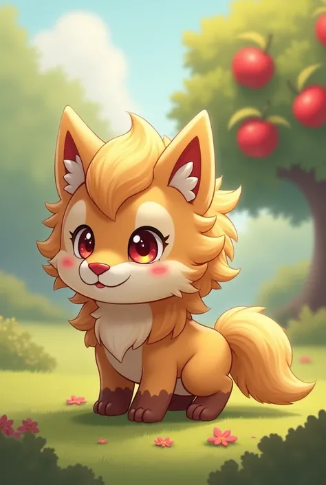 Create an animal that is a fusion or child of a wolf,Lion, cat, add some fox and make it chibi style, It also adds something of a pony but not so noticeable that it is like a mystical animal., add wolf notice and add some apple and not so chibi