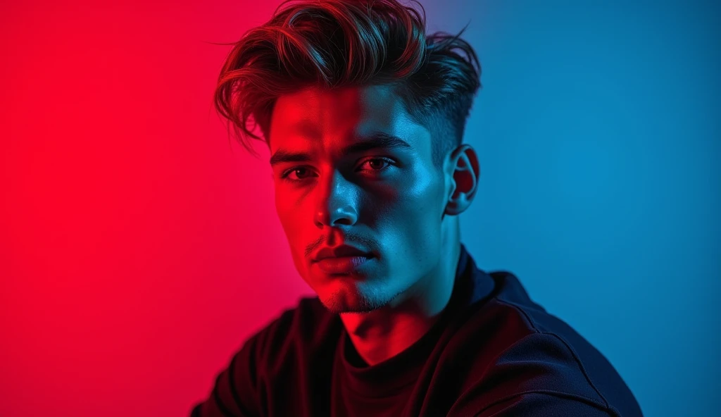 1man Alexander Sørloth a no beard, (Create a written kpop album "HEADER MONSTER!",) ((Masterpiece, Highest quality, Highest picture quality, high resolution, realistic, raw photos, 8ก)), Background is red and blue