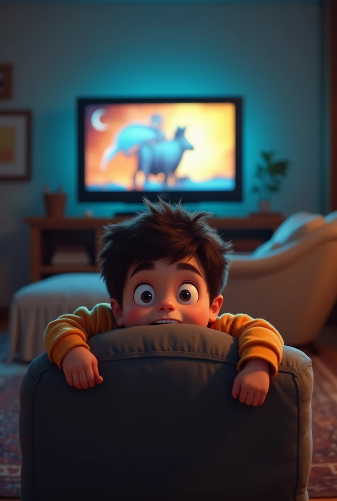  boy, white and short black hair,  Excited,  watching TV, lying on an armchair