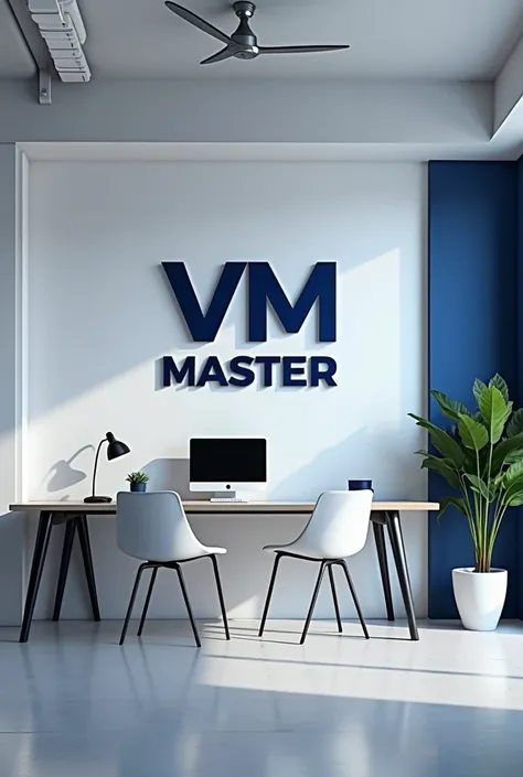 Create a professional logo Vm master white wall black and blue theme honi chahiye logo ke andar. And room hona chahie room ke andar ek wall per logo hona chahie Vm master use room mein table and chairs honi chahiye table per ek computer hona chahie