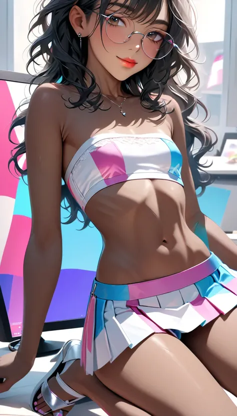 (((Adult transgender woman)): (Very short pleated miniskirt. strapless lace crop top, very small breasts (cute eye glasses). Brown eyes, showing the whole body, brown skin color, Black long wavy hair. Clothes with the colors of the trans flag, blue pink an...